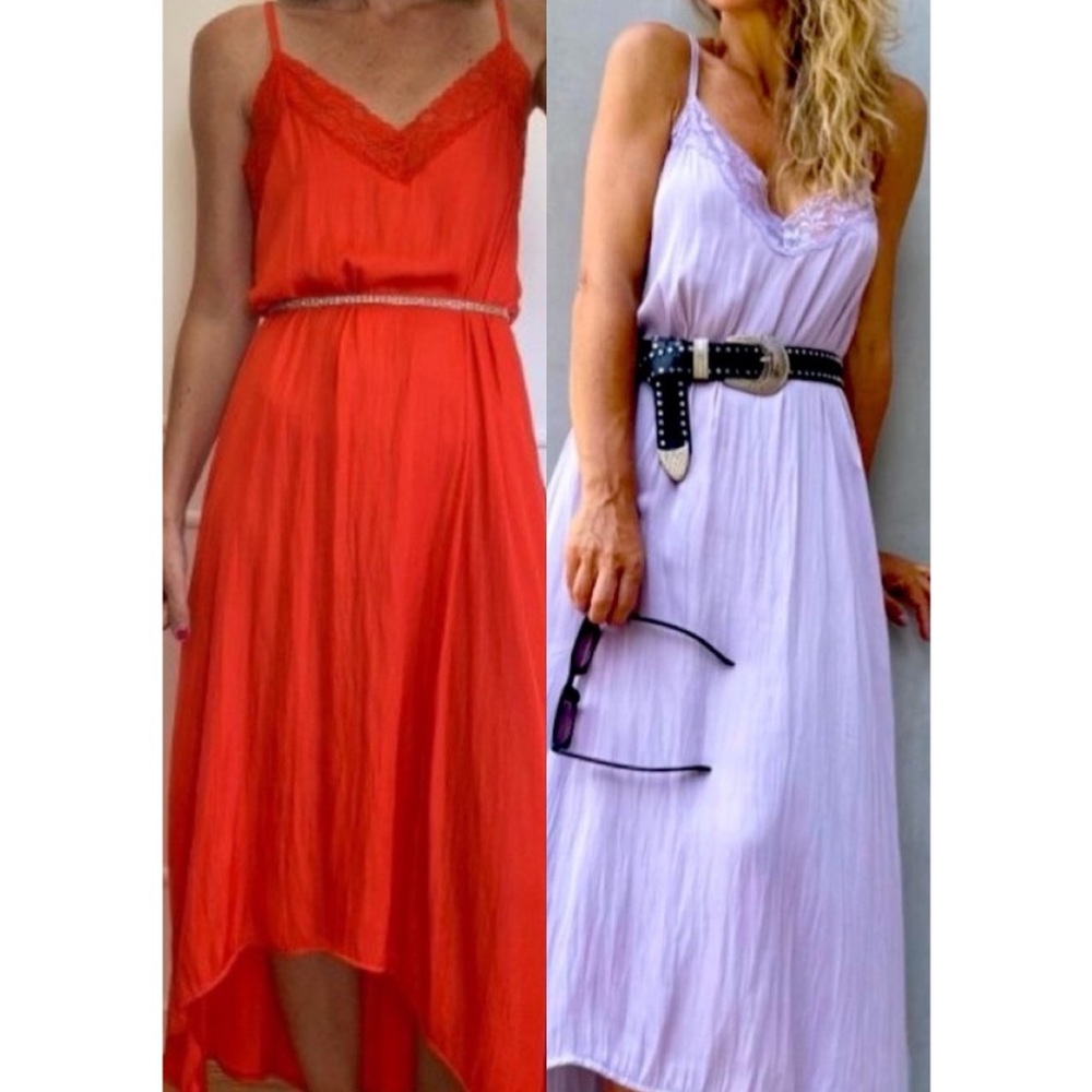 Slip silky lace midi dress in soft lilac, Black or strawberry red. One Size